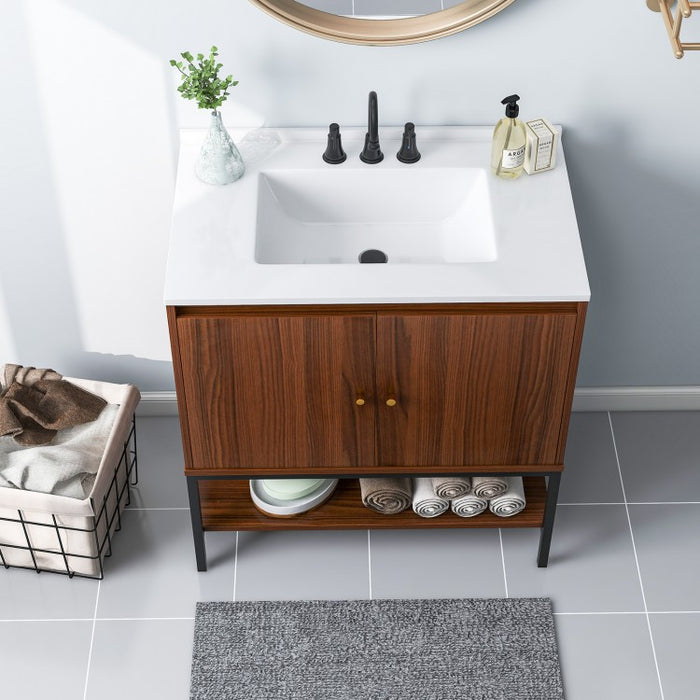 Rustic Vintage Bathroom Vanity Set with Shelves and Cabinet Doors