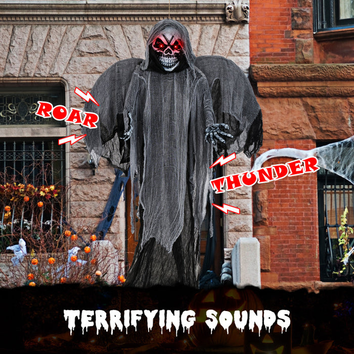 Halloween Giant Skeleton Ghost Hanging Decoration with Scary Sound Effects, LED Lights, and Red Eyes - Suitable for Halloween Decorations and Haunted Houses