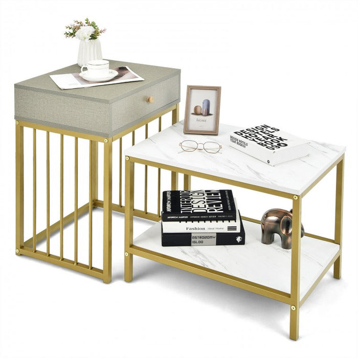 Costway Modern Coffee Table and Side Table Set of 2 with Drawers and Storage Shelf - Suitable for Living Room and Cafe