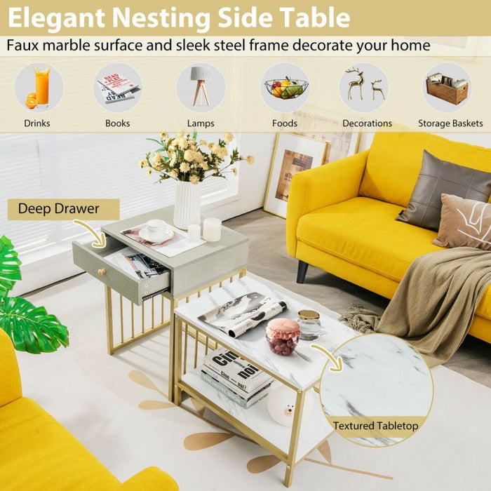 Costway Modern Coffee Table and Side Table Set of 2 with Drawers and Storage Shelf - Suitable for Living Room and Cafe
