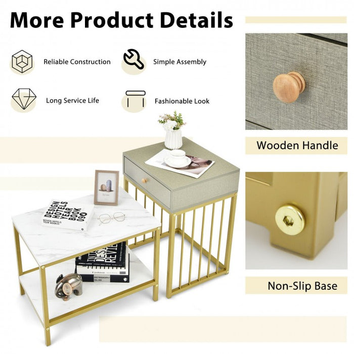 Costway Modern Coffee Table and Side Table Set of 2 with Drawers and Storage Shelf - Suitable for Living Room and Cafe