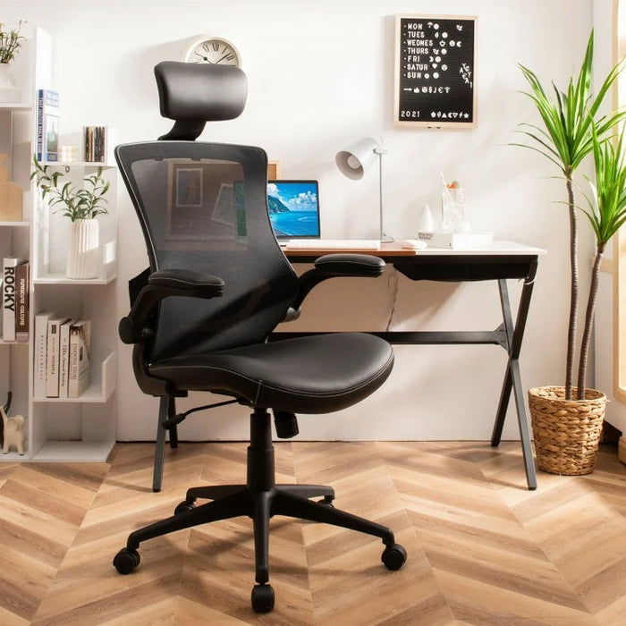 Black High-Back Mesh Office Chair with Headrest and Lumbar Support