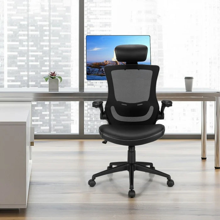 Black High-Back Mesh Office Chair with Headrest and Lumbar Support