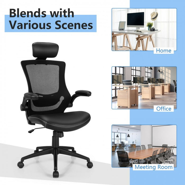 Black High-Back Mesh Office Chair with Headrest and Lumbar Support
