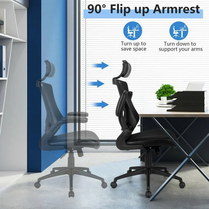 Black High-Back Mesh Office Chair with Headrest and Lumbar Support