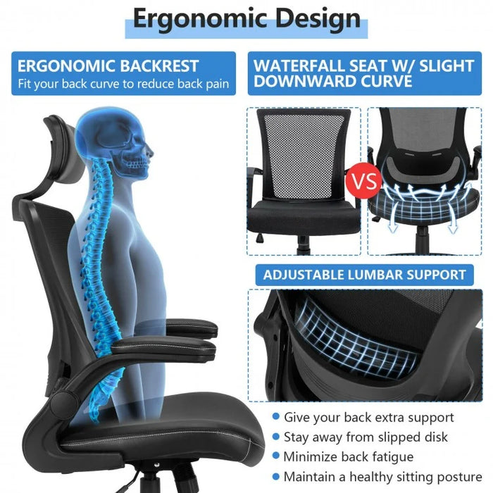 Black High-Back Mesh Office Chair with Headrest and Lumbar Support