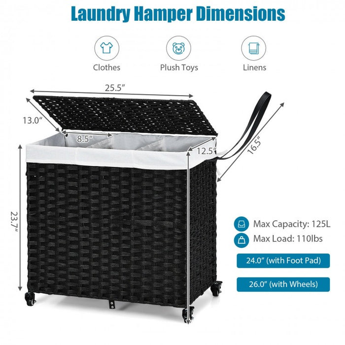 Bathroom Black Rolling Lid Laundry Hamper with Wheels