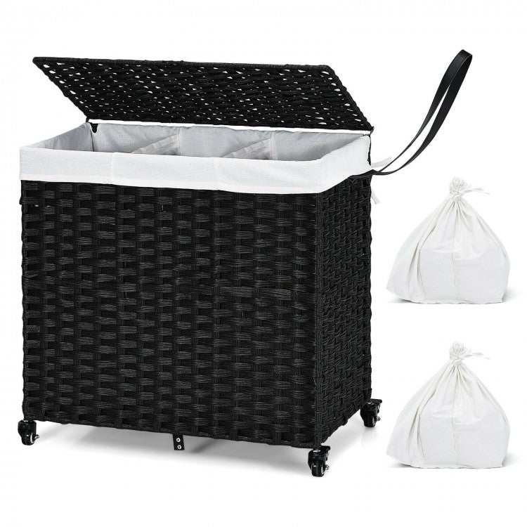Bathroom Black Rolling Lid Laundry Hamper with Wheels