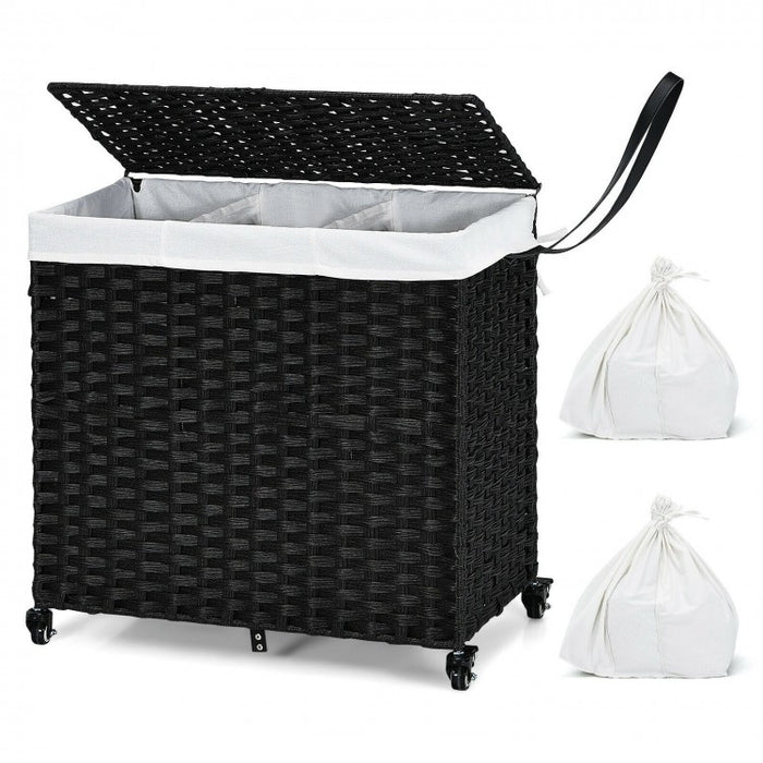 Bathroom Black Rolling Lid Laundry Hamper with Wheels