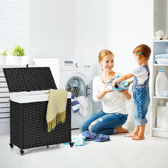Bathroom Black Rolling Lid Laundry Hamper with Wheels