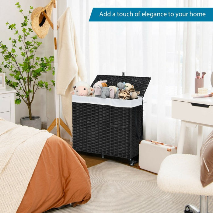 Bathroom Black Rolling Lid Laundry Hamper with Wheels