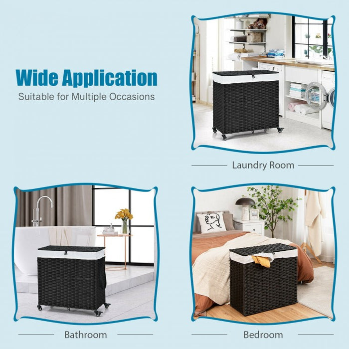 Bathroom Black Rolling Lid Laundry Hamper with Wheels