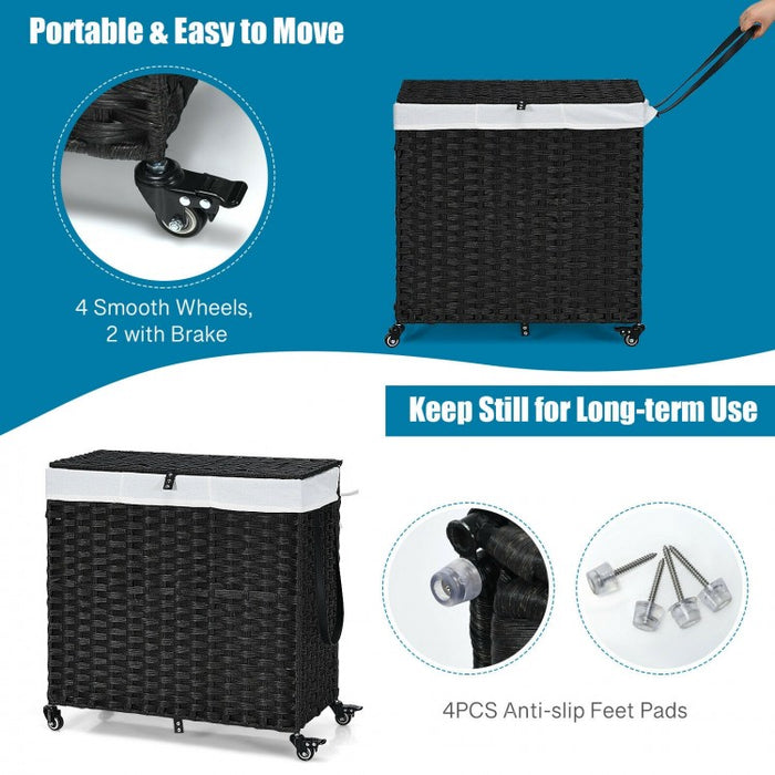 Bathroom Black Rolling Lid Laundry Hamper with Wheels