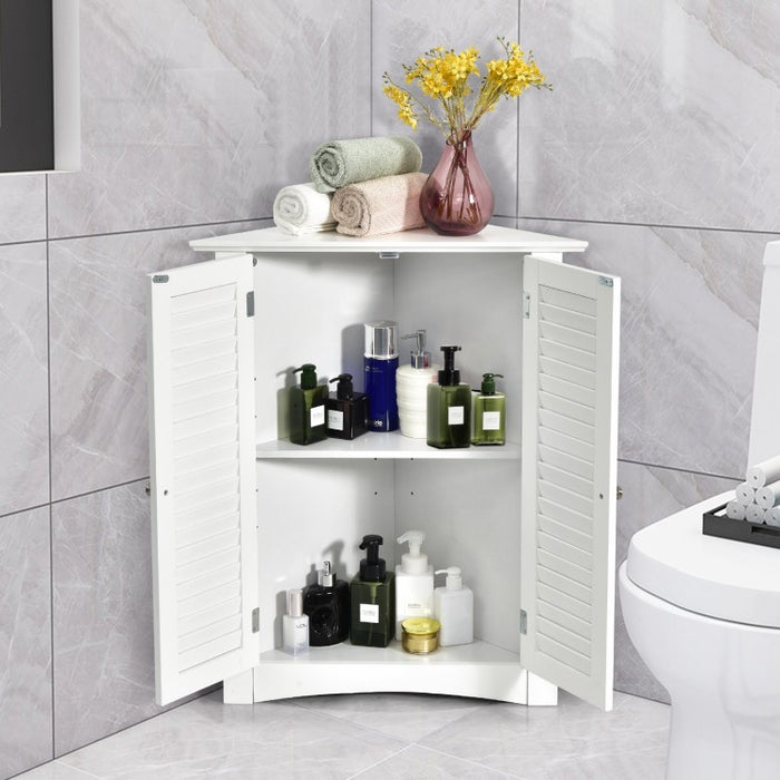 White Bathroom Corner Storage Cabinet with Louvre Doors