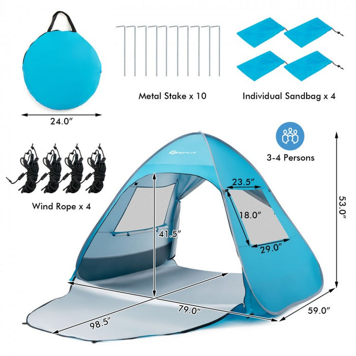 Costway Blue Pop-Up Canopy Tent with Portable Bag - Suitable for Beach, Backyard, Camping, and Travel