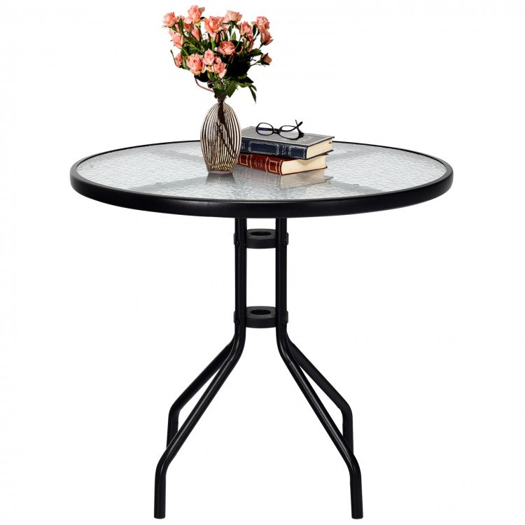 Costway Modern Round Glass Dining Table with Built-in Umbrella Hole - Suitable for Patio, Backyard, and Pool