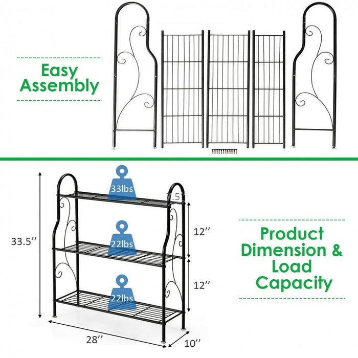 3-Tier Black Metal Plant Stand Shelving Unit Storage Rack