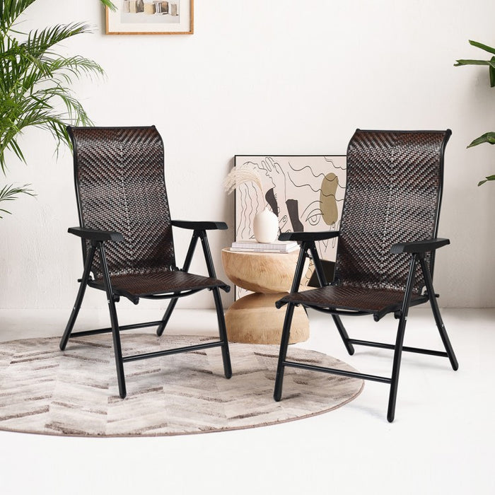 Outdoor Rattan 2-Piece Folding Brown Lounge Chair Set with Reclining Chairs for Patio and Garden, 5-Position Adjustable Tilt