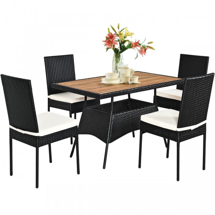 Outdoor 5-Piece Dining Room Set - Includes 1 Table and 4 Wicker Chairs with Cushions - Suitable for Poolside and Backyard