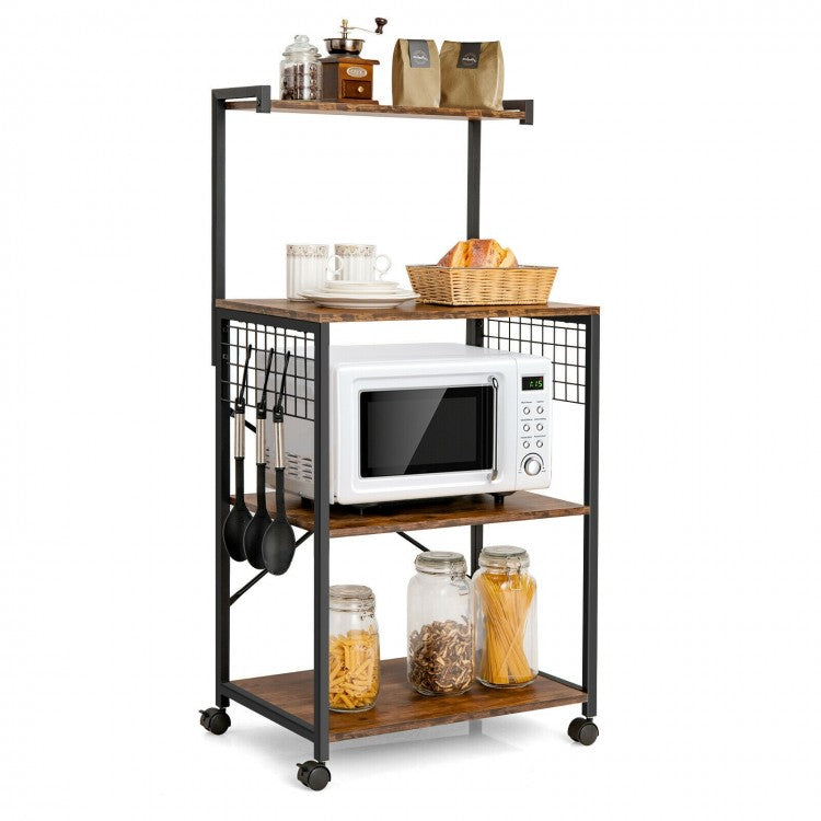 Industrial Vintage 4-Tier Metal Rolling Storage Rack - Movable Plant Stand Bookshelf for Living Room, Bedroom, and Garden
