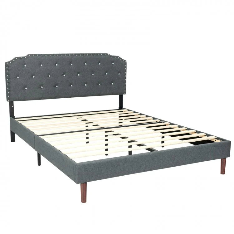 Grey Minimalist Diamond Button Upholstered Headboard Bed Frame