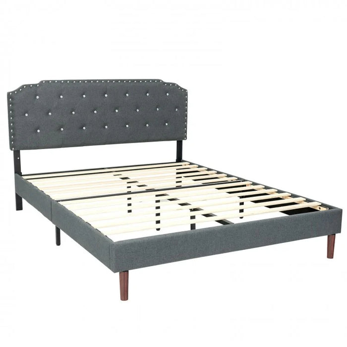 Grey Minimalist Diamond Button Upholstered Headboard Bed Frame