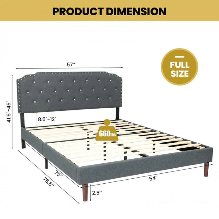 Grey Minimalist Diamond Button Upholstered Headboard Bed Frame