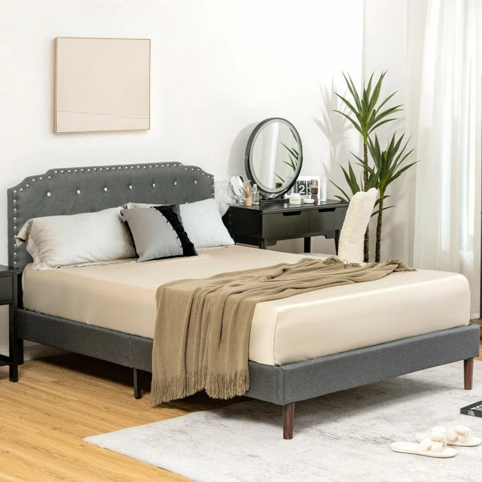 Grey Minimalist Diamond Button Upholstered Headboard Bed Frame