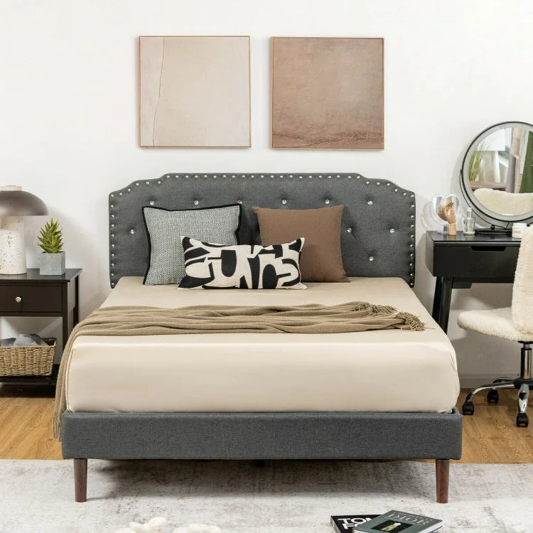 Grey Minimalist Diamond Button Upholstered Headboard Bed Frame