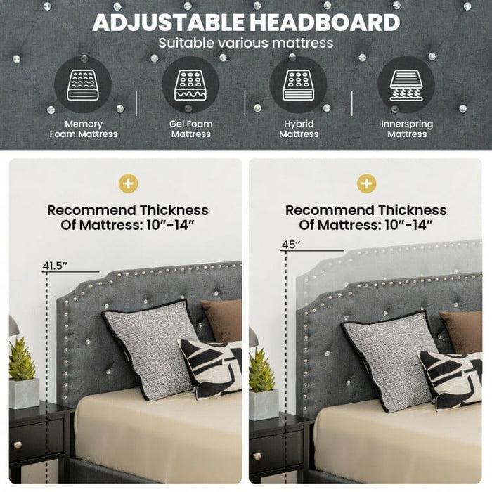 Grey Minimalist Diamond Button Upholstered Headboard Bed Frame