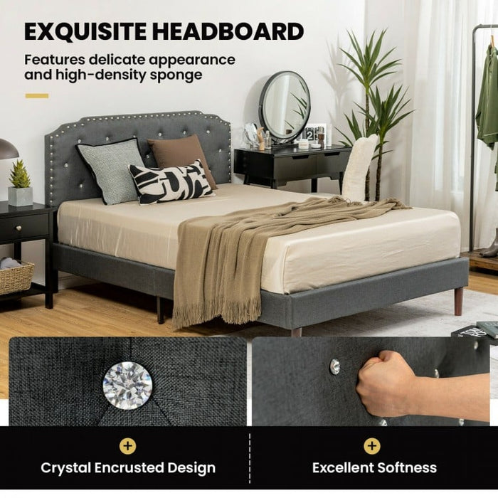 Grey Minimalist Diamond Button Upholstered Headboard Bed Frame