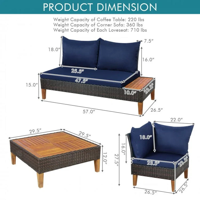 Costway Modern Sectional Couch 4-Piece Set with Coffee Table - Suitable for Backyard, Patio, and Poolside