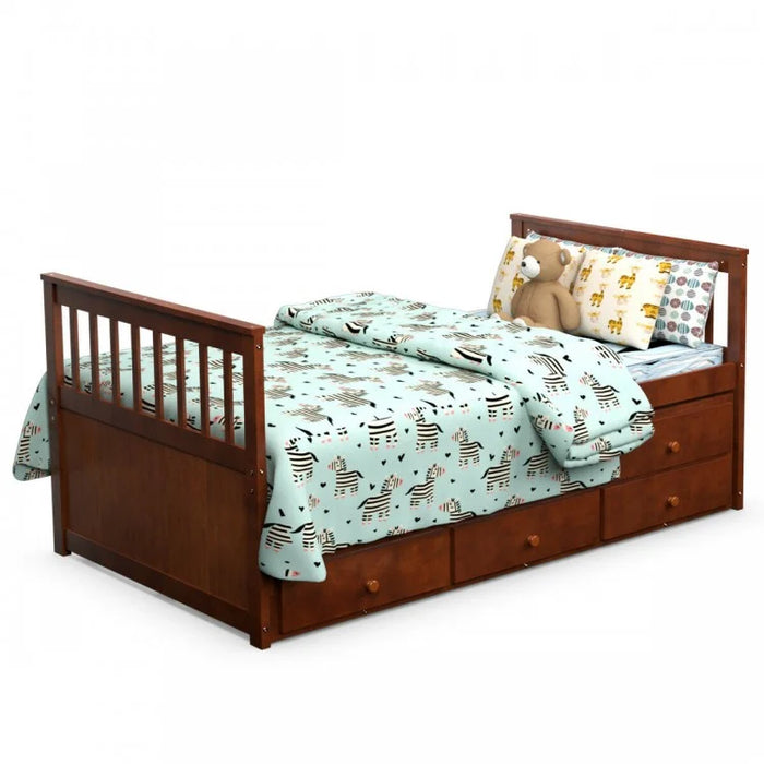 Country-Style Minimalist Bed with Drawers, Casters, and Pull-Out Design