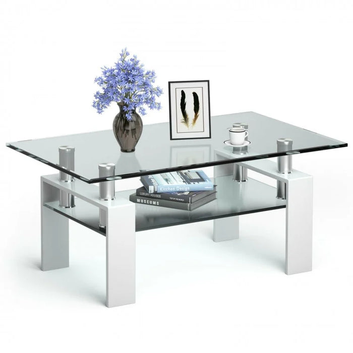 Modern Rectangular Glass Coffee Table with 2-Tier Storage - Suitable for Living Room