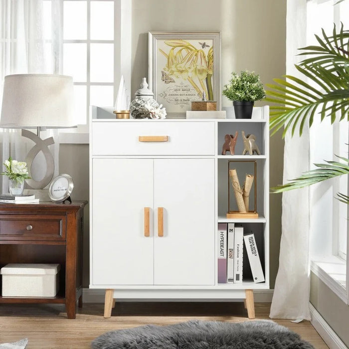 White Modern Minimalist Open Shelving Storage Cabinet with Doors