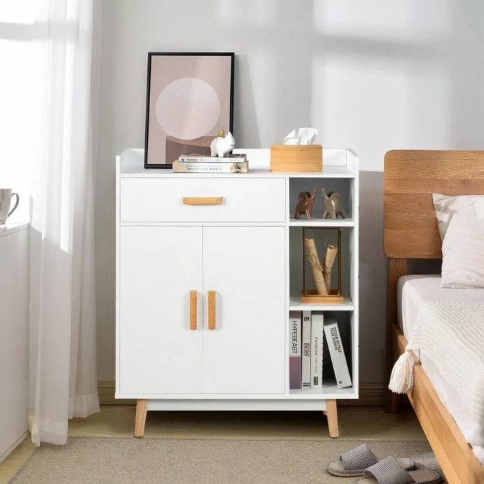 White Modern Minimalist Open Shelving Storage Cabinet with Doors