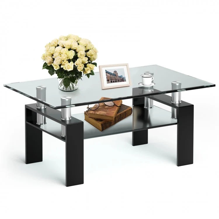 Modern Rectangular Glass Coffee Table with 2-Tier Storage - Suitable for Living Room