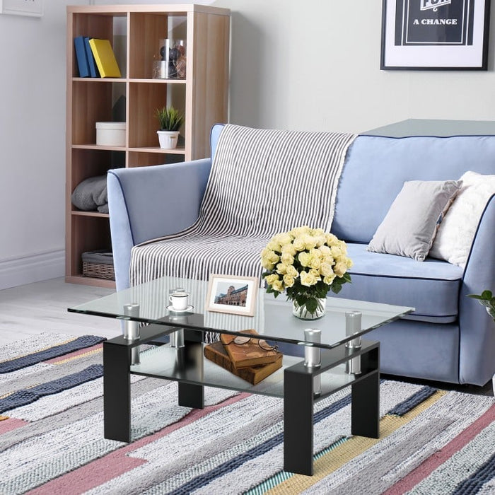 Modern Rectangular Glass Coffee Table with 2-Tier Storage - Suitable for Living Room