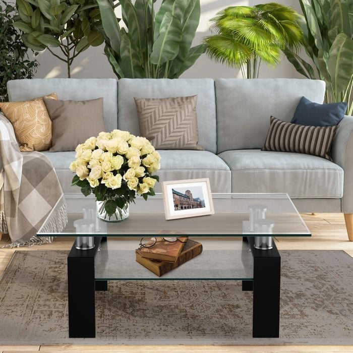 Modern Rectangular Glass Coffee Table with 2-Tier Storage - Suitable for Living Room