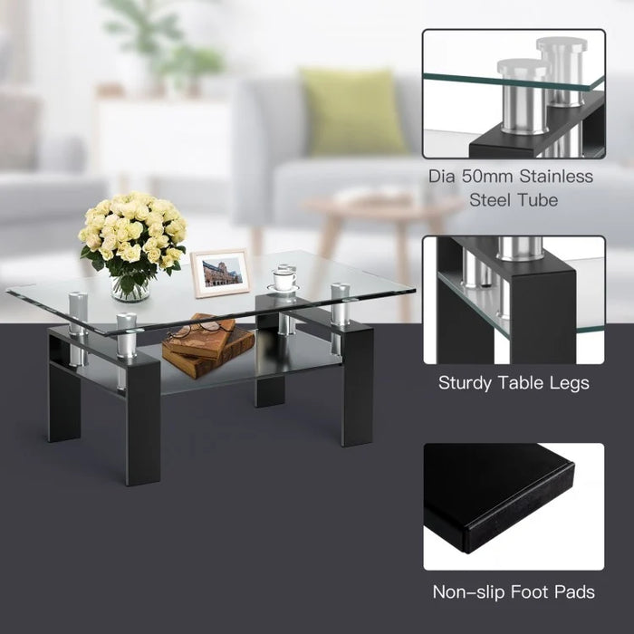 Modern Rectangular Glass Coffee Table with 2-Tier Storage - Suitable for Living Room