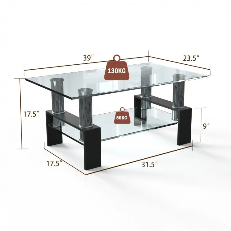 Modern Rectangular Glass Coffee Table with 2-Tier Storage - Suitable for Living Room