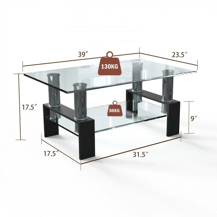 Modern Rectangular Glass Coffee Table with 2-Tier Storage - Suitable for Living Room