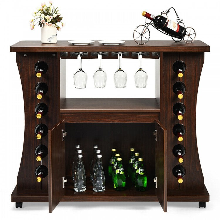 Costway Vintage Home Bar Cabinet Storage Cabinet with Wine Glass Rack and Casters - Suitable for Restaurant and Bar