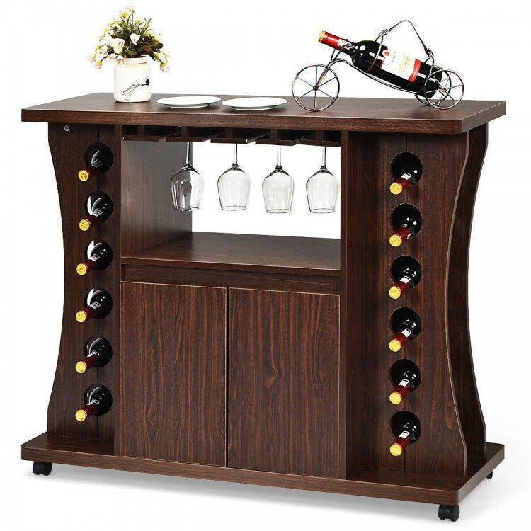 Costway Vintage Home Bar Cabinet Storage Cabinet with Wine Glass Rack and Casters - Suitable for Restaurant and Bar