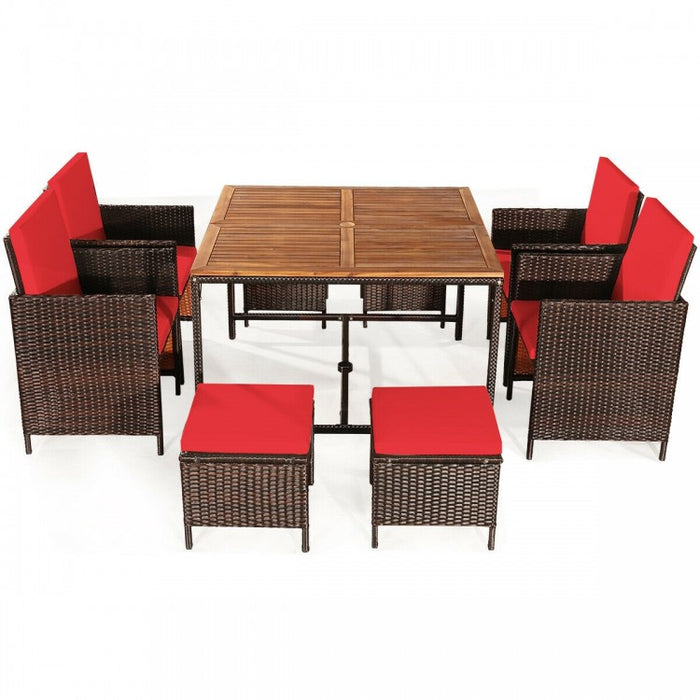 Outdoor 9 Piece Dining Room Set - Includes 4 Wicker Chairs, 4 Ottomans, and 1 Dining Table - Suitable for Backyard
