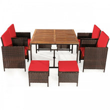 Charger l&#39;image dans la galerie, Outdoor 9 Piece Dining Room Set - Includes 4 Wicker Chairs, 4 Ottomans, and 1 Dining Table - Suitable for Backyard
