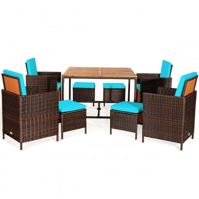 Outdoor 9 Piece Dining Room Set - Includes 4 Wicker Chairs, 4 Ottomans, and 1 Dining Table - Suitable for Backyard