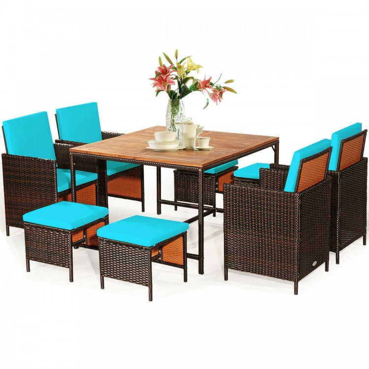 Outdoor 9 Piece Dining Room Set - Includes 4 Wicker Chairs, 4 Ottomans, and 1 Dining Table - Suitable for Backyard