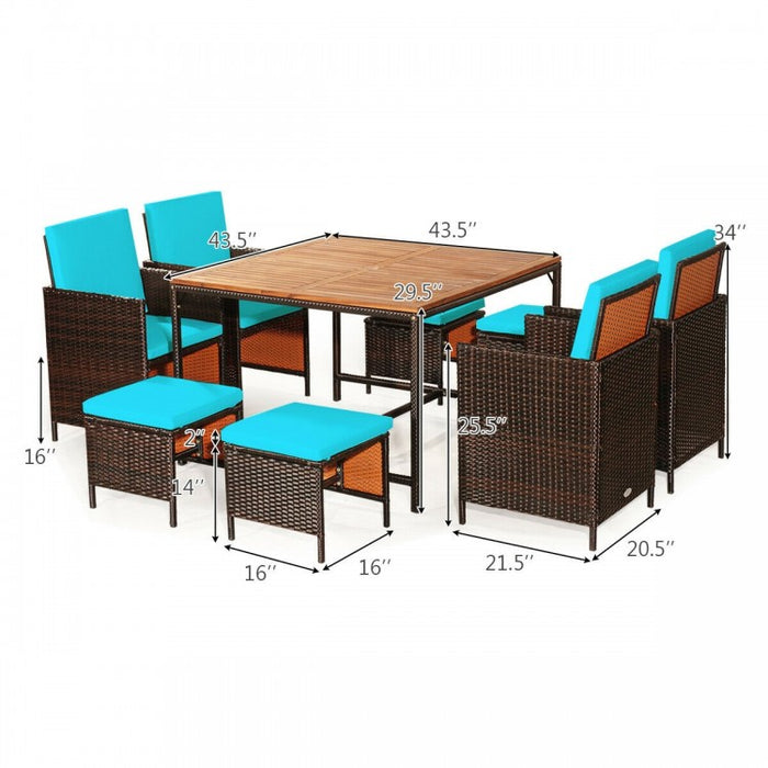 Outdoor 9 Piece Dining Room Set - Includes 4 Wicker Chairs, 4 Ottomans, and 1 Dining Table - Suitable for Backyard