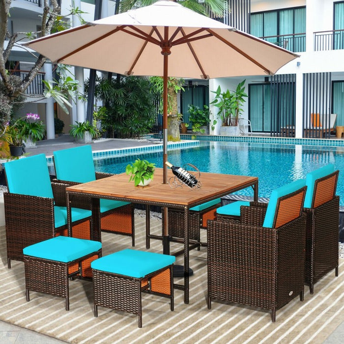 Outdoor 9 Piece Dining Room Set - Includes 4 Wicker Chairs, 4 Ottomans, and 1 Dining Table - Suitable for Backyard